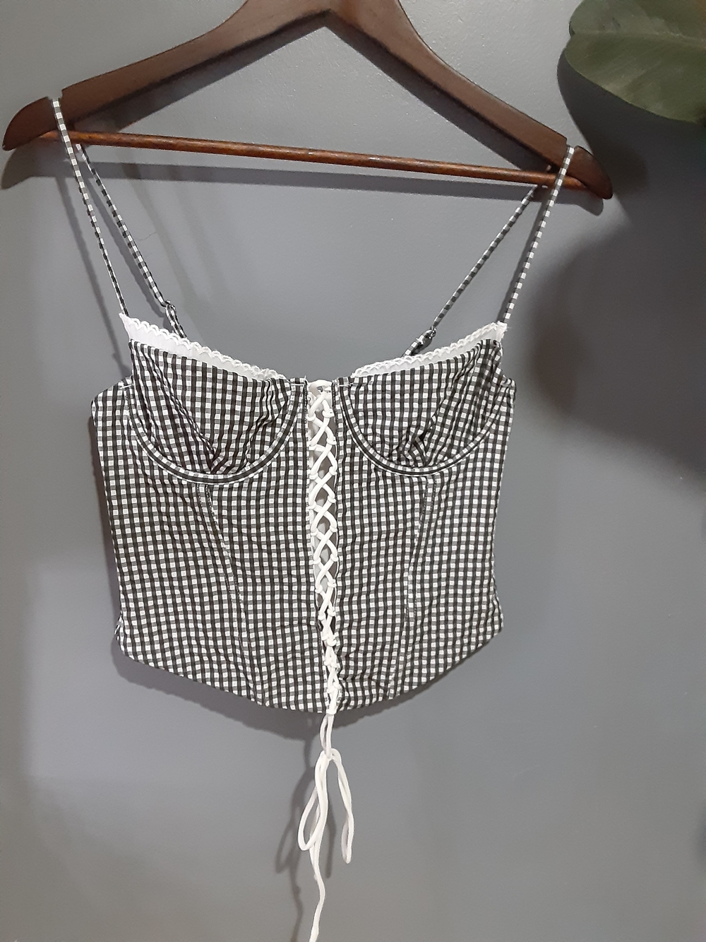 White Fox Boutique Black and White Gingham Lace-Up Bustier Cami